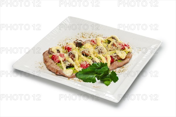Layout for menu. Chopped meat with bell pepper and melted cheese