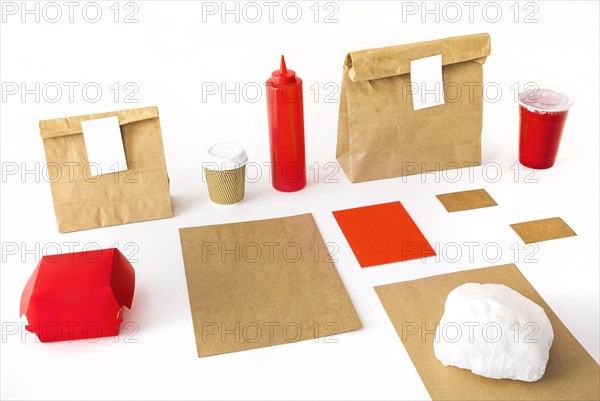 Coffee cup sauce bottle drink burger package white background