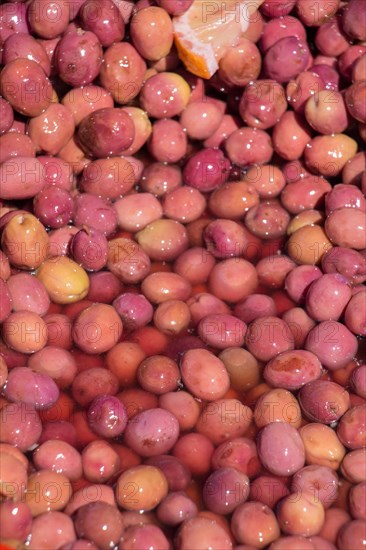 Turkish style prepared olives in the market stands