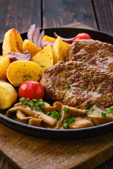 Close up view of pan with fried pork fillet