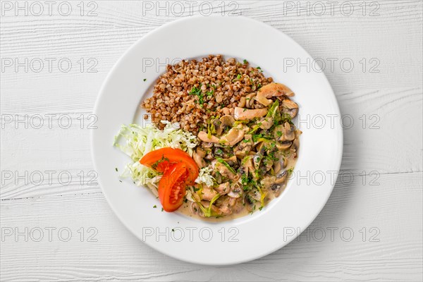 Top view of plate with chicken goulash