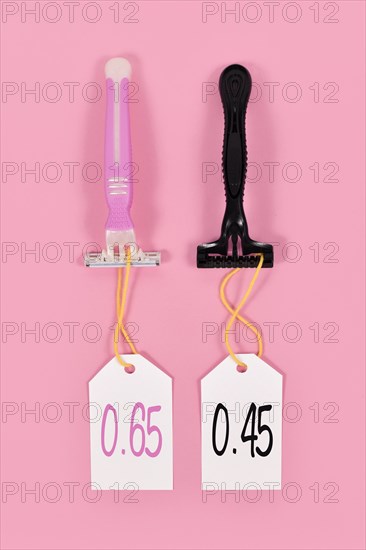 Pink tax and gender stereotypes concept showing pink and black razors marketed to specific genders with different price tags