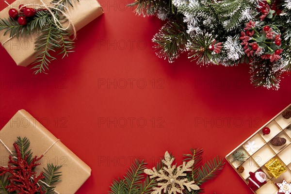 Red background with christmas decorations