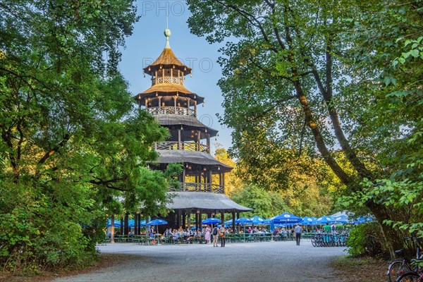 Beer garden at the Chinese Tower in the English Garden in the evening sun