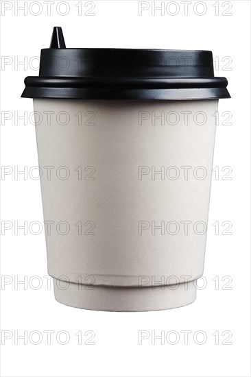 White cardboard cup with black lid isolated