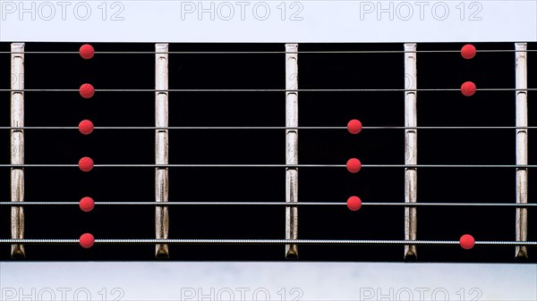 Close-up guitar neck with fingering pentatonic scale