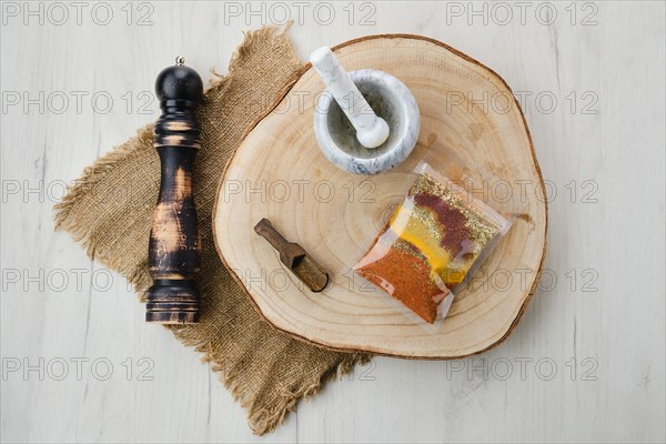 Top view of mixture of different spices in plastic packaging