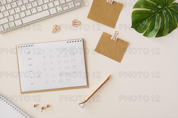 Flat lay desk calendar with monstera leaf