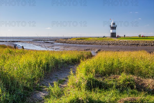 Tidal creek with lighthouse Kleiner Preusse on the Wadden Sea at the mouth of the Weser