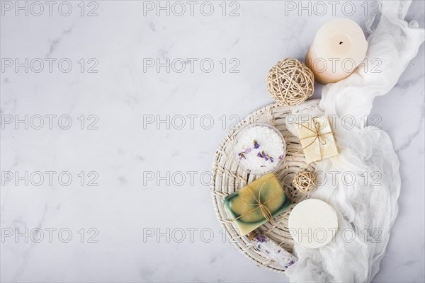 Top view frame with soap candle marble background. Resolution and high quality beautiful photo