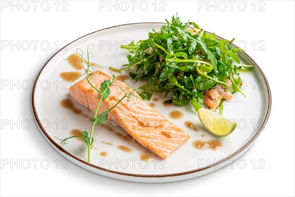 Steamed salmon with arugula and shrimps garnish