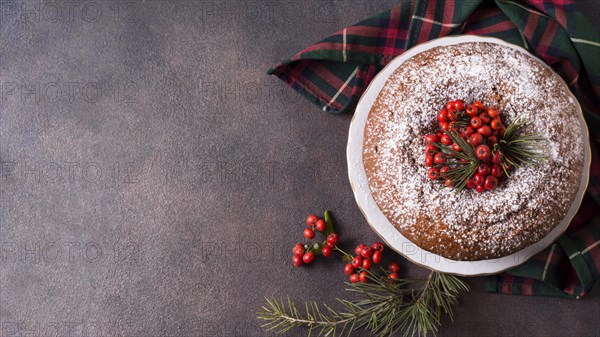 Top view christmas cake with copy space red berries. Resolution and high quality beautiful photo