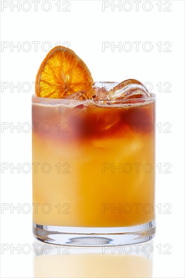 Cold refreshing lemonade with raspberries and orange isolated on white background