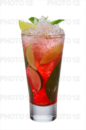 Black currant ice cocktail with lime and mint isolated on white background