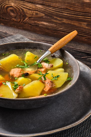 Red salmon fish soup with potato and carrot