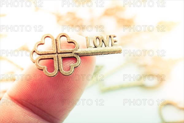 Hand and retro style metal keys on a white background