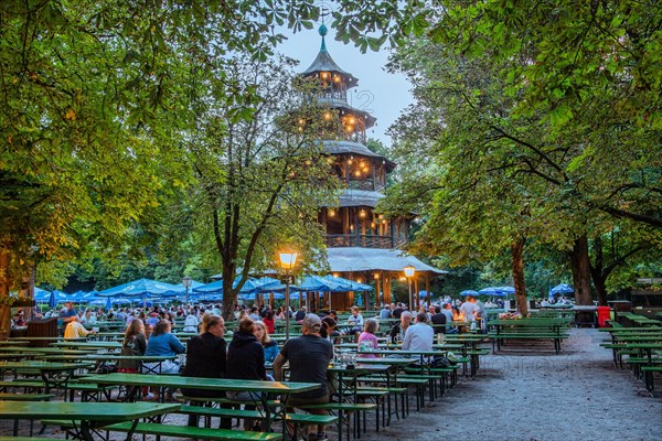 Beer garden at the Chinese Tower in the English Garden at dusk