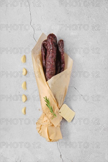 Overhead view of dried sausage made of venison meat