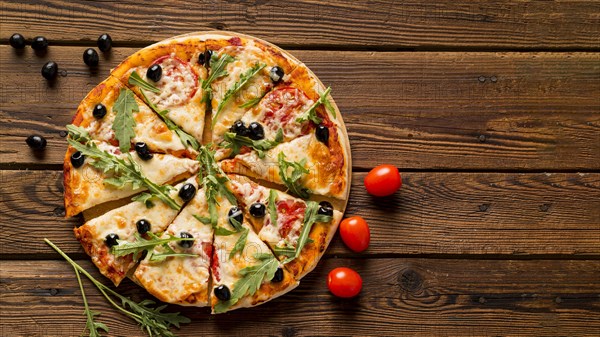 Delicious italian pizza wooden table