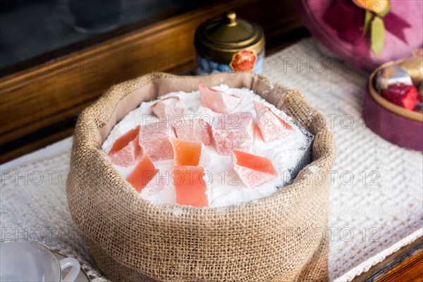 Delicious Turkish delight placed in a linen sack