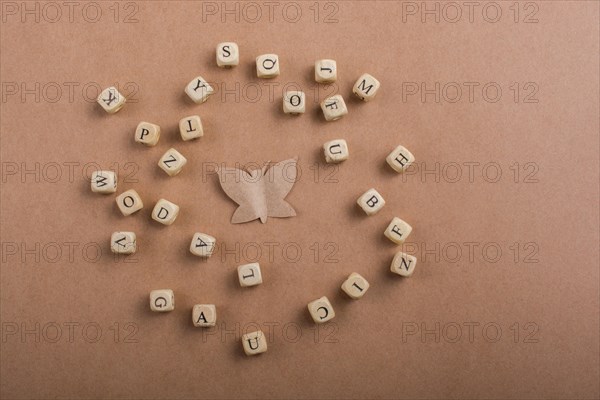 Letter cubes of made of wood around paper butterfly