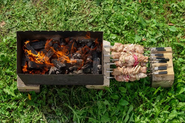 Process of cooking shashlik from pickled meat outdoor