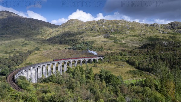 Glenfinnan Viaduct from the Harry Potter films with steam locomotive