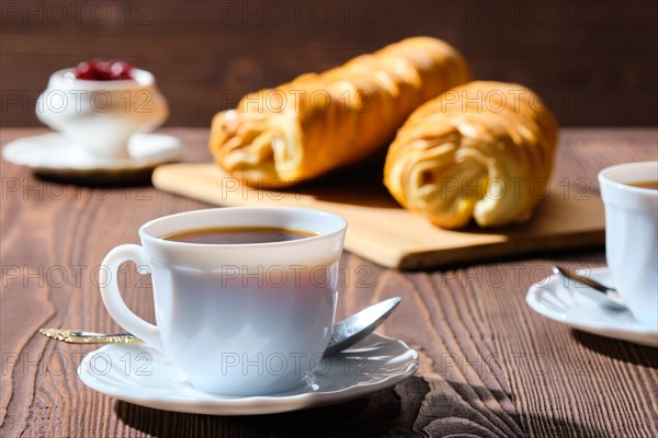 Rolled buns and coffee on wooden table in morning sunlight. Photo with shallow depth of field
