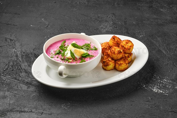 Cold beetroot soup with potato balls