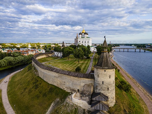 Aerial of the kremlin of the Unesco site Pskov