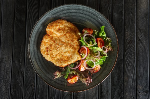 Top view of schnitzel in breading with fresh vegetables and rings of red onion