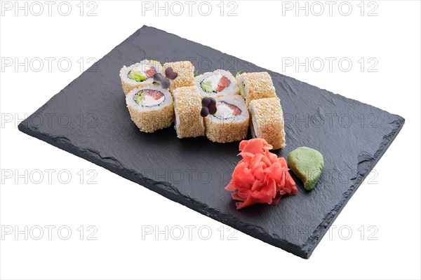 Rolls with salmon and sesame isolated on white background