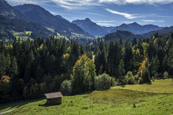 View from the alpine pasture behind the Enge into Kleinwalsertal