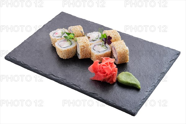 Rolls with salmon and sesame isolated on white background