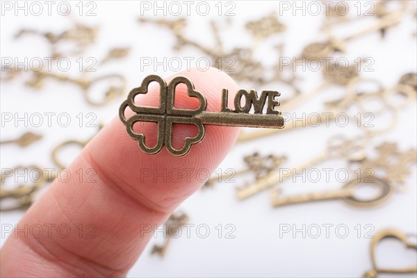 Hand and retro style metal keys on a white background