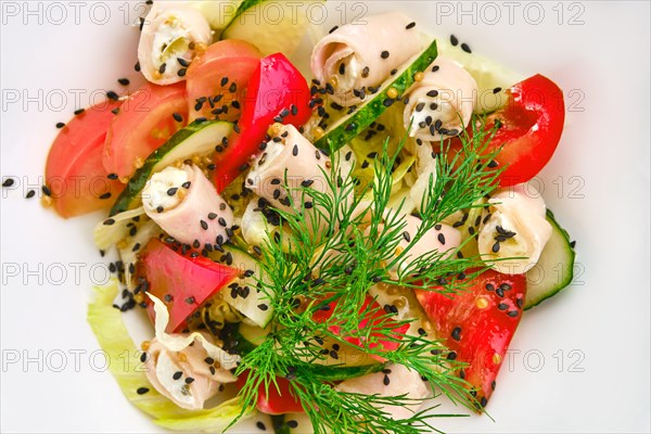 Macro photo of salad with ham