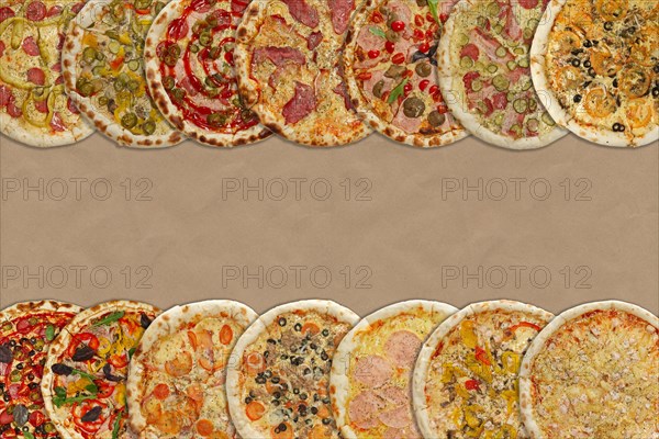 Horizontal collage of different baked pizzas on cardboard. Top view