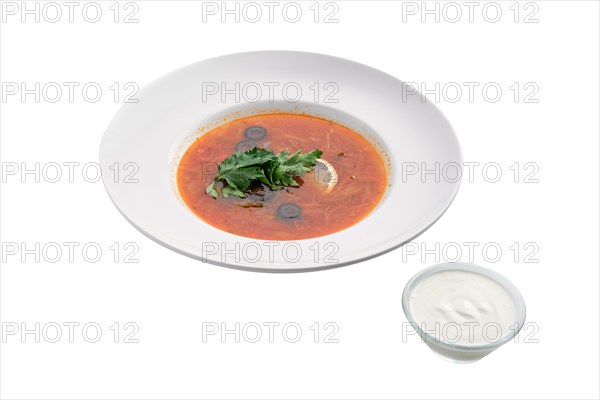 Traditional solyanka sour soup isolated on white background