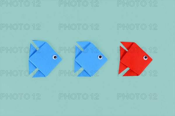 Red origami paper fish swimming in front of blue fish. Concept for discovery and strong leadership