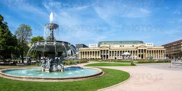 Schlossplatz with fountain travelling city panorama in Stuttgart