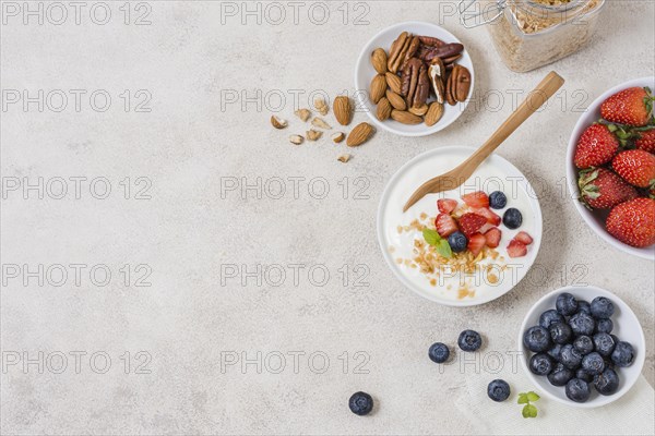 Delicious breakfast with yogurt fruits