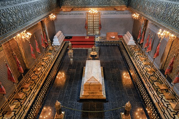 Magnificently decorated mausoleum of King Mohammed V with the sarcophagus
