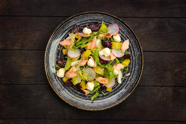 Top view of salad with salmon