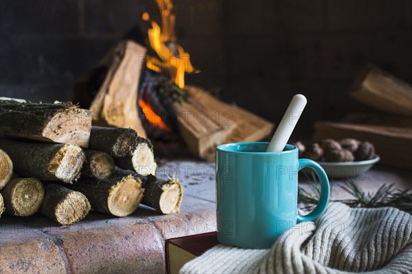 Mug blanket near fireplace