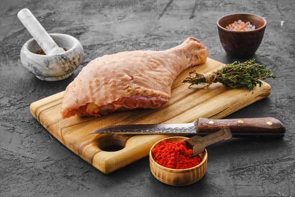 Raw fresh turkey drumstick with spices