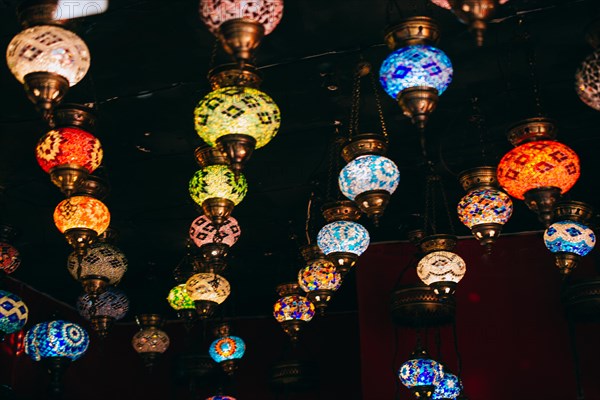 Mosaic Ottoman lamps from Grand Bazaar in Istanbul. Colorful and Vibrant scene