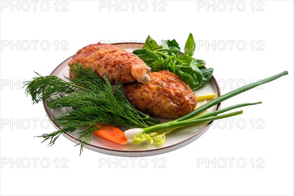 Stuffed chicken thigh decorated with spring onion