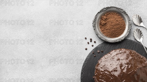 Top view chocolate cake with cocoa powder copy space. Resolution and high quality beautiful photo