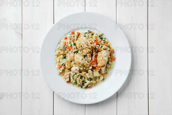 Top view of steamed chicken meat with rice