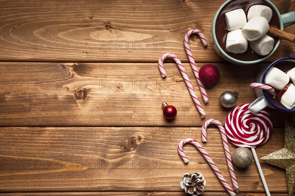 Top view hot chocolate with candy. Resolution and high quality beautiful photo